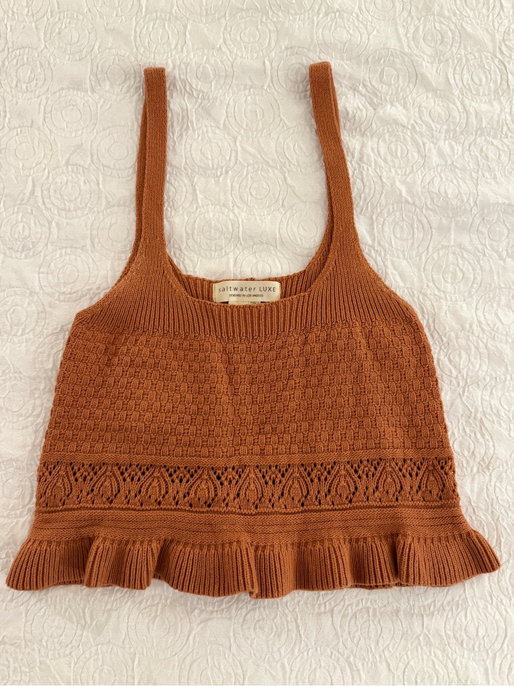 Crochet Knit Tank Top Brown Rust Ruffle Hem Cropped Sweater Cami Medium
